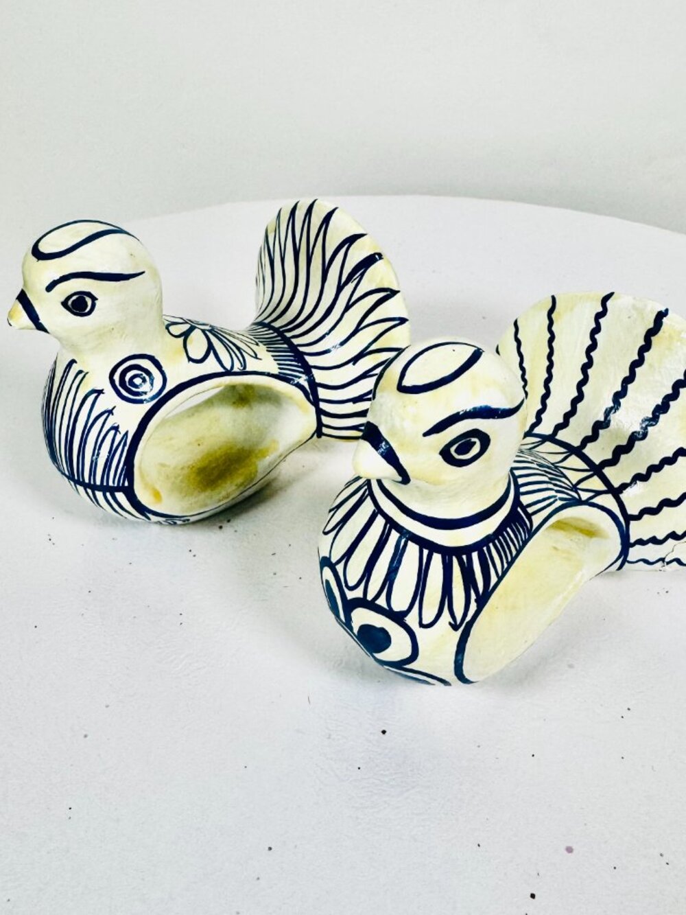2 Vtg Talavera Bird Napkin Holders Hand Painted White Blue Mexican Pottery READ